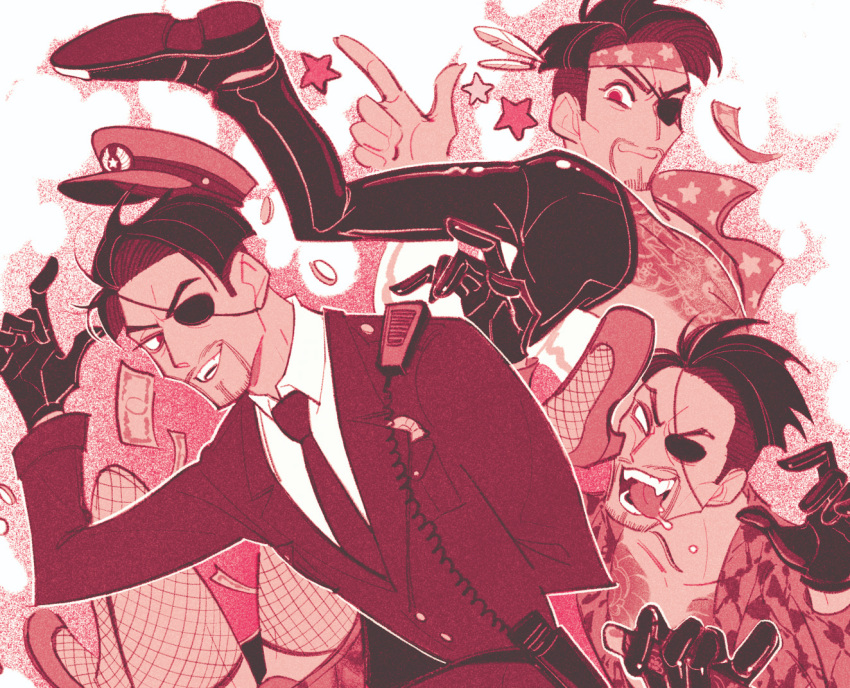 1boy :3 banknote closed_mouth coat coin collared_coat collared_shirt drooling english_commentary eyepatch fangs fishnet_thighhighs fishnets gloves hand_up hands_up hat headband index_finger_raised irezumi long_sleeves looking_at_viewer majima_goro male_focus money monochrome multiple_views necktie open_mouth pants pink_background pink_theme police police_hat police_uniform red_eyes robodumpling ryuu_ga_gotoku_(series) shirt shoes short_hair smile star_(symbol) tattoo thighhighs tongue tongue_out undercut uniform very_short_hair white_background