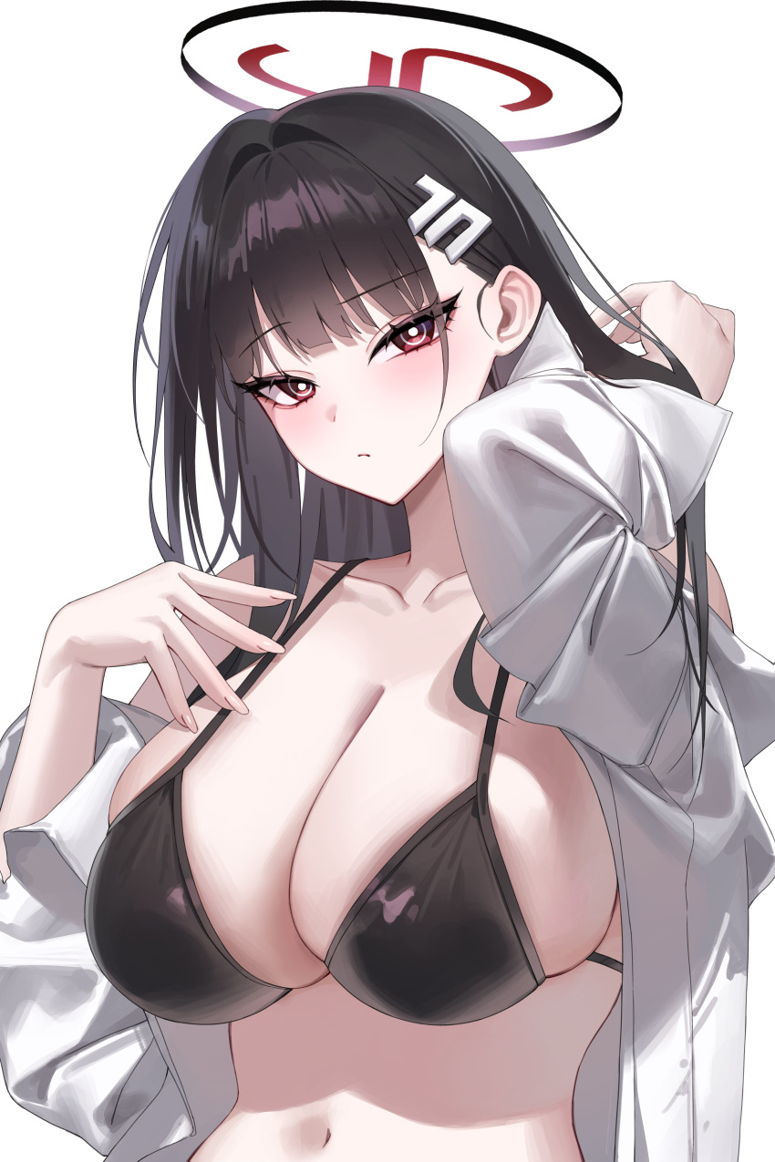 1girl absurdres arm_up bare_shoulders bikini bikini_top_only black_hair black_halo blue_archive blunt_bangs blush breasts bright_pupils cleavage collarbone commentary_request fingernails hair_ornament hairclip hairpin halo highres korean_commentary large_breasts long_hair long_sleeves looking_at_viewer navel off_shoulder open_clothes open_mouth open_shirt raki_kr red_eyes rio_(blue_archive) shirt simple_background skindentation solo swimsuit upper_body very_long_hair white_background white_pupils white_shirt