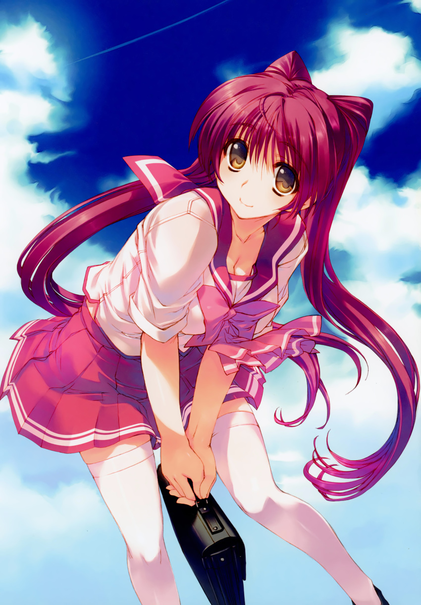 absurdres amazuyu_tatsuki bag bangs blue_sky bow breasts brown_eyes closed_mouth cloud day eyebrows_visible_through_hair highres holding kousaka_tamaki leaning_forward long_hair looking_at_viewer medium_breasts official_art outdoors pleated_skirt red_hair red_skirt sailor_collar scan school_bag school_uniform short_sleeves sidelocks skirt sky smile solo thighhighs to_heart_2 white_legwear zettai_ryouiki