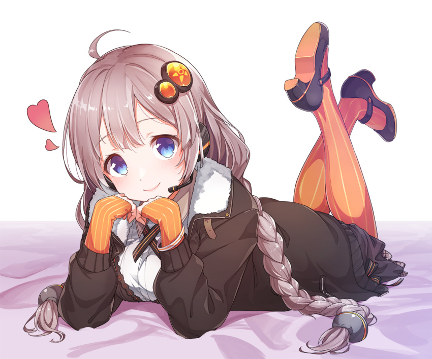 ahoge bangs bed_sheet black_jacket black_skirt blue_eyes blush braid chin_rest closed_mouth commentary_request eyebrows_visible_through_hair feet_up full_body fur-trimmed_jacket fur_trim hair_ornament hairpin headset heart jacket kizuna_akari konnyaku_(kk-monmon) leg_up legs_up lips long_hair long_sleeves looking_at_viewer lying mary_janes on_bed on_stomach open_clothes open_jacket orange_legwear pantyhose shiny shiny_hair shirt shoes simple_background skirt sleeves_past_wrists smile solo striped striped_legwear tareme the_pose twin_braids vertical-striped_legwear vertical_stripes very_long_hair vocaloid voiceroid white_background white_shirt