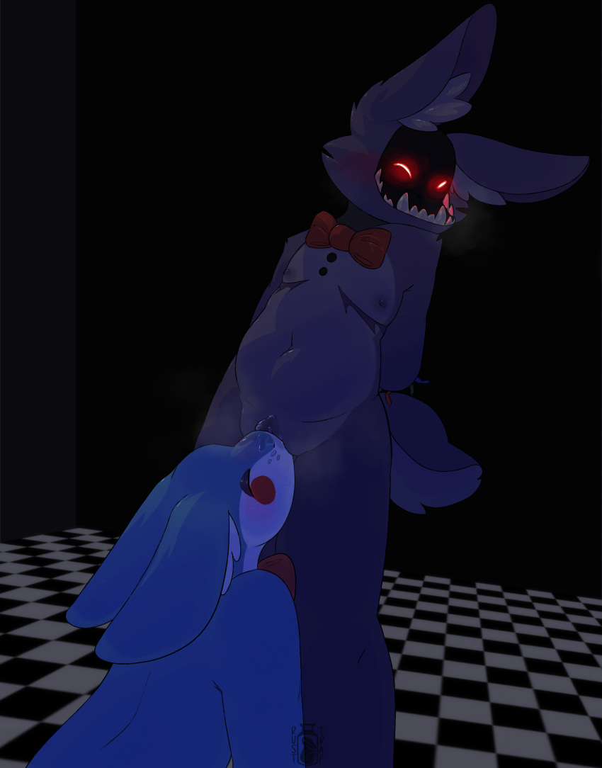 absurd_res amputee andromorph andromorph/male anthro big_ears blue_body blush bodily_fluids bow_tie countershading cunnilingus disability duo fangs five_nights_at_freddy's five_nights_at_freddy's_2 genital_fluids glowing glowing_eyes hi_res intersex intersex/male lagomorph leporid male male/male mammal mastectomy_scar missing_arm nipples oral purple_body purple_nipples rabbit rusttrap scar scottgames scut_tail sex short_tail simple_background slightly_chubby standing standing_sex steam steamy_breath tail tdick teeth toy_bonnie_(fnaf) vaginal vaginal_fluids withered_bonnie_(fnaf)