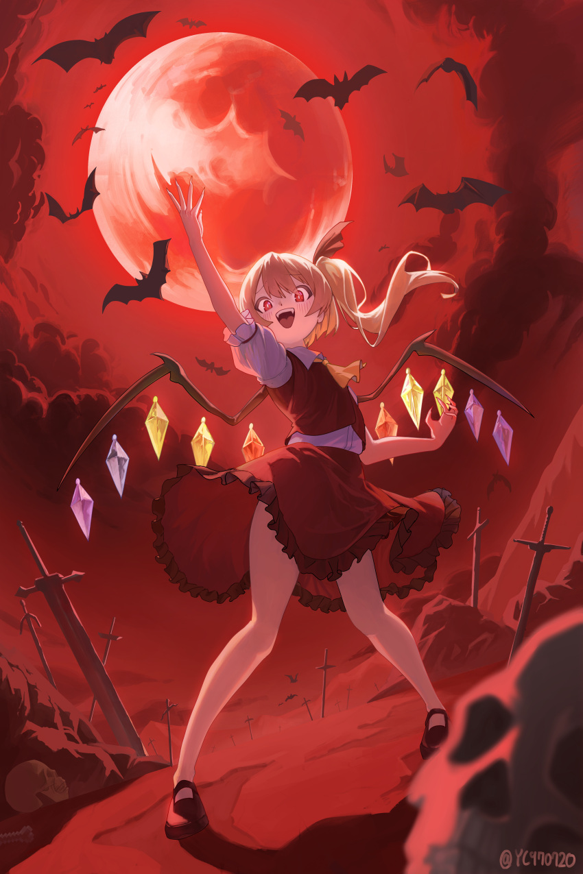 1girl absurdres arm_up ascot bat_(animal) blonde_hair crystal flandre_scarlet full_body hat hat_ribbon highres long_hair looking_at_viewer mob_cap moon multicolored_wings open_mouth puffy_short_sleeves puffy_sleeves red_eyes red_moon red_skirt red_vest ribbon short_sleeves side_ponytail skirt skirt_set skull smile solo sword syc2159 touhou vest weapon white_hat wings yellow_ascot