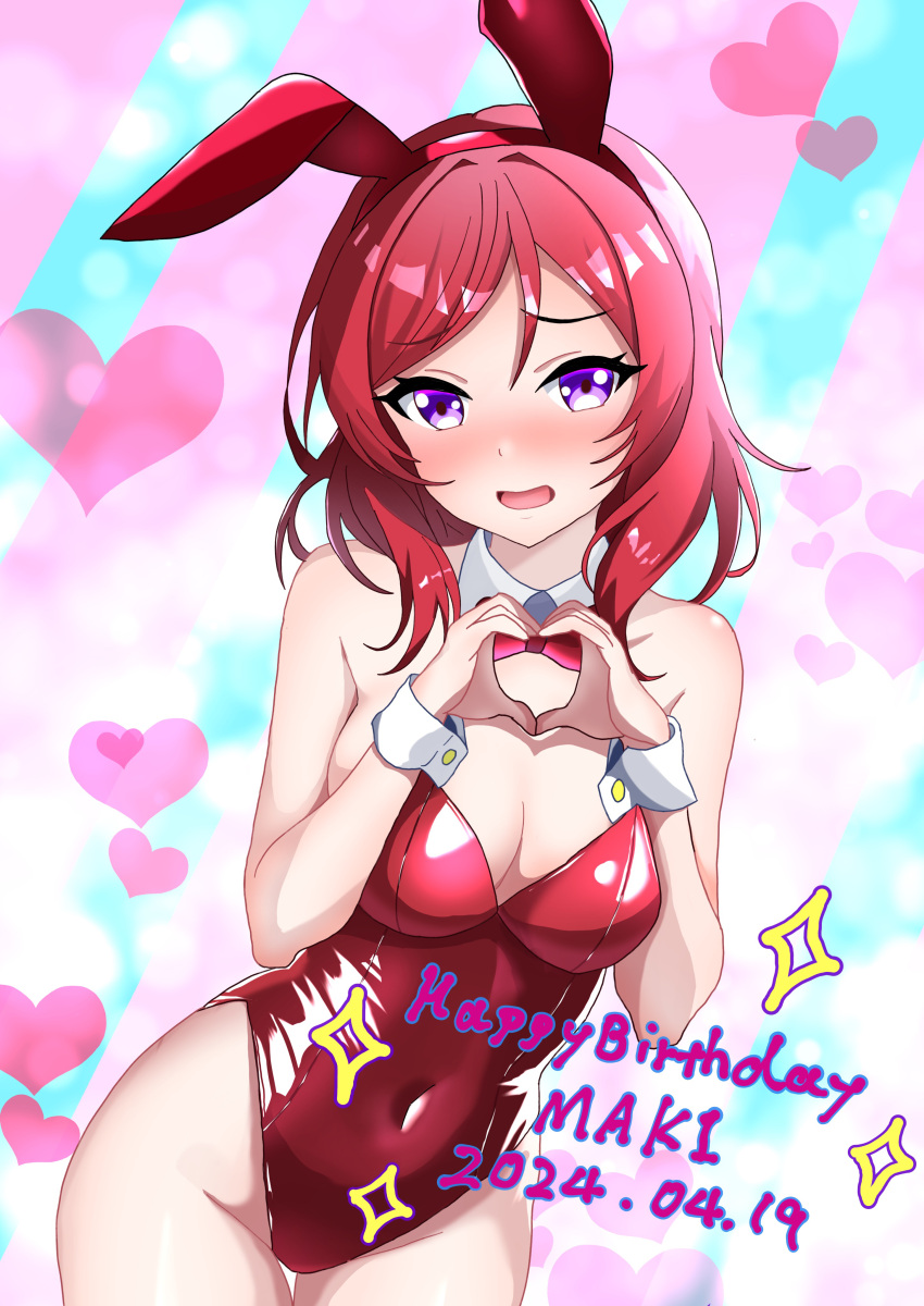 1girl absurdres animal_ears bare_shoulders blush breasts character_name cleavage contrapposto covered_navel dated detached_collar fake_animal_ears furrowed_brow groin happy_birthday heart heart_hands highres leotard looking_at_viewer love_live! love_live!_school_idol_project medium_breasts medium_hair nishikino_maki open_mouth playboy_bunny purple_eyes rabbit_ears red_hair red_leotard sidelocks solo standing strapless strapless_leotard uma_(uma_mohumohu) upper_body wrist_cuffs