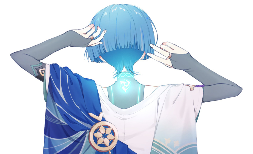 0_mix_9 1boy armor blue_hair from_behind genshin_impact glowing highres japanese_armor japanese_clothes kote kurokote male_focus mitsudomoe_(shape) scaramouche_(genshin_impact) simple_background solo tomoe_(symbol) upper_body wanderer_(genshin_impact) white_background wide_sleeves