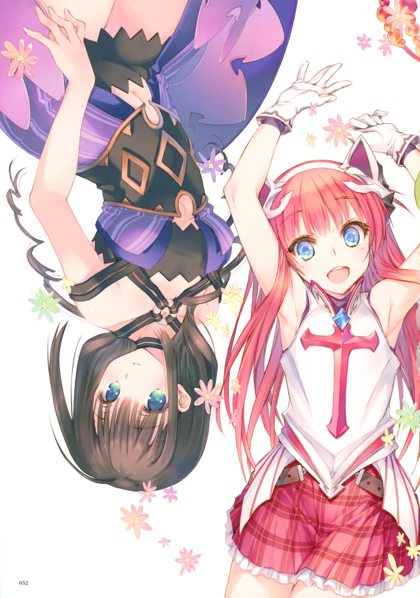 absurdres alisia_heart aqua_eyes aquaplus armpits arms_up bangs bare_arms bare_shoulders blue_eyes breasts choker dress dungeon_travelers_2 eyebrows_visible_through_hair flower frills gloves hair_ornament highres kawata_hisashi long_hair looking_at_viewer lying medium_breasts melvy_de_florencia mitsumi_misato multiple_girls official_art on_back open_mouth red_hair scan short_dress sidelocks simple_background skirt sleeveless smile white_background white_gloves