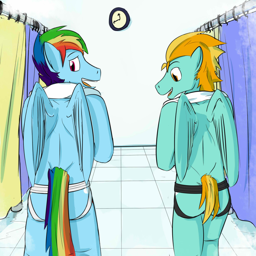 2014 anthro athletic blonde_hair blue_feathers blue_fur brown_eyes brown_hair butt clock clothed clothing colored crossgender curtains cutie_mark duo eager ears_up equine feathered_wings feathers friendship_is_magic fur fuze green_feathers green_fur gym hair hi_res jockstrap lightning_dust_(mlp) looking_back male mammal multicolored_hair my_little_pony open_mouth pegasus rainbow_dash_(mlp) rainbow_hair rear_view red_eyes short_hair shower shower_stall skimpy smile standing teeth tongue topless towel underwear unsure walking wings