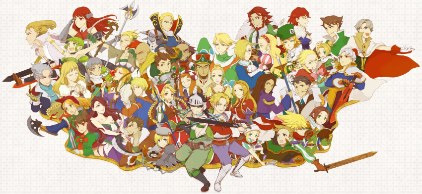 blonde_hair breasts cantal_(saga) closed_mouth commentary_request cordelia_(saga) diana dress eleanor_(saga) everyone fake_gustave gloves graphite_(medium) gustaf gustave_xiii highres hizura_(zura) jacket labelle long_hair looking_at_viewer medium_breasts meythia misty_(saga_frontier) multi-tied_hair multiple_boys multiple_girls narcisse_pironi_iii nicolette_(saga_frontier) primiera_(saga) queen_marie red_hair rich_knights roberto saga saga_frontier_2 short_hair smile traditional_media tyler_(saga) virginia_knights william_knights