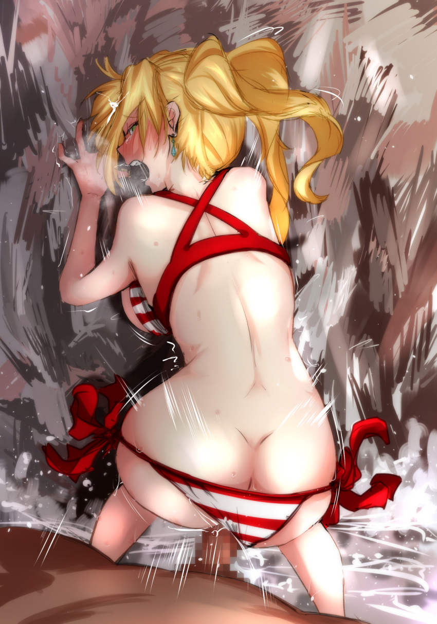 1girl all_fours ass bikini bikini_aside blonde_hair blush breasts breath censored clothed_sex commentary_request crying earrings fate/grand_order fate_(series) green_eyes hetero highres jewelry looking_at_viewer medium_breasts mosaic_censoring nero_claudius_(fate)_(all) nero_claudius_(swimsuit_caster)_(fate) open_mouth penis ponytail pov red_bikini sex string_bikini sweat swimsuit tareme tears trembling val_(escc4347)