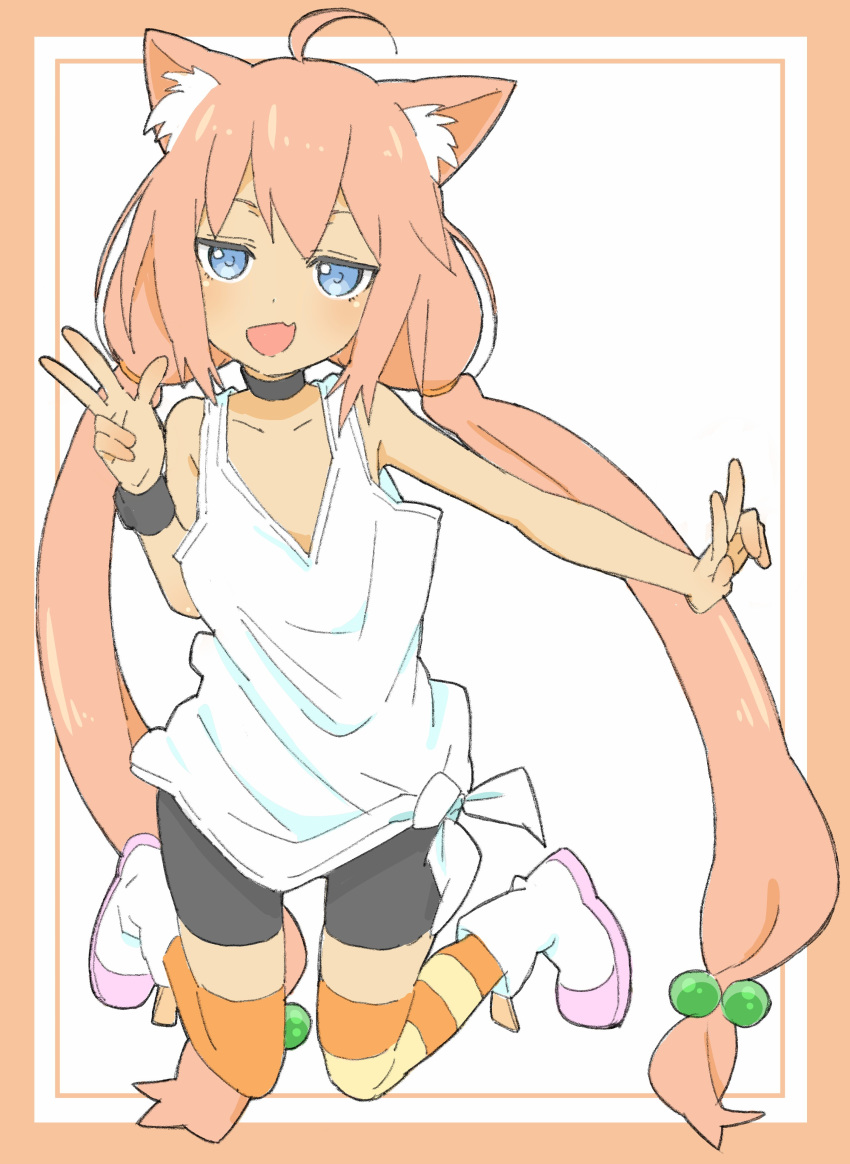 :d absurdres ahoge animal_ear_fluff animal_ears bare_shoulders bike_shorts blue_eyes blush boots border cat_ears donguri_suzume fang hand_up highres hinata_channel jumping long_hair looking_at_viewer loose_clothes low_twintails nekomiya_hinata open_mouth orange_border orange_legwear pink_hair shirt smile solo striped striped_legwear thighhighs twintails very_long_hair virtual_youtuber w white_footwear white_shirt wristband