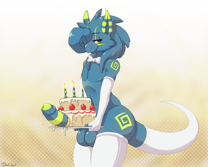 2018 anthro armwear balls birthday_cake bow_tie cake candle clothing dax digital_media_(artwork) don_ko dragon food furgonomics girly green_eyes humanoid_penis legwear looking_at_viewer male markings penis solo striped_penis tail_clothing