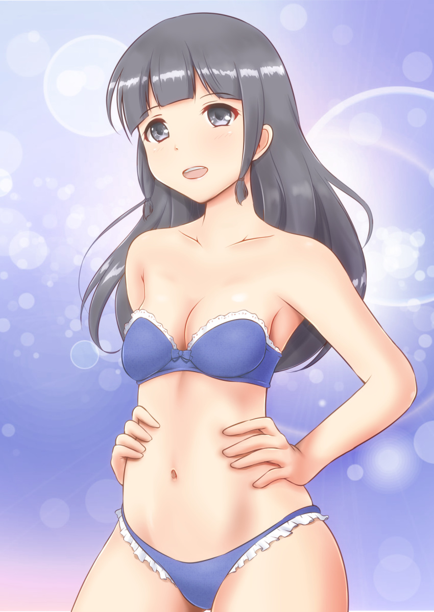 alternate_hairstyle bangs black_eyes black_hair blue_background blue_bra blue_panties blunt_bangs bow bow_bra bra breasts cleavage collarbone commentary_request cowboy_shot eyebrows_visible_through_hair frilled_panties frills hair_down hair_tie hands_on_hips highres kantai_collection kitakami_(kantai_collection) kurumin lace lace-trimmed_bra lens_flare long_hair looking_at_viewer open_mouth panties sidelocks small_breasts smile solo standing underwear underwear_only