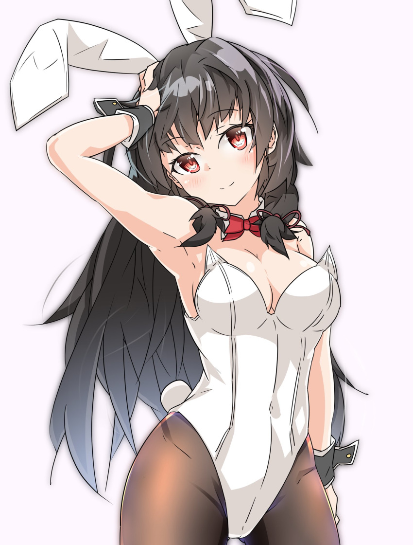alternate_costume animal_ears armpits ass_visible_through_thighs black_hair blush bow bowtie breasts bunny_ears bunny_tail bunnysuit commentary_request covered_navel detached_collar fake_animal_ears hair_ribbon hand_on_own_head harukawa_(hal501) highres isokaze_(kantai_collection) kantai_collection long_hair looking_at_viewer medium_breasts pantyhose red_eyes ribbon simple_background smile solo tail tress_ribbon white_background wrist_cuffs
