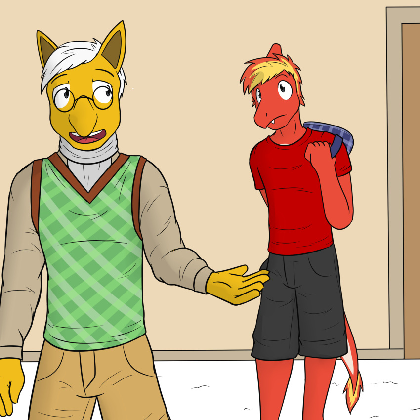 anthro anthrofied bag charmeleon clothing eyewear flaming_tail fuze glasses grey_hair hair hi_res hypno inside male nintendo pok&eacute;mon pok&eacute;mon_(species) pok&eacute;morph shirt therapy video_games