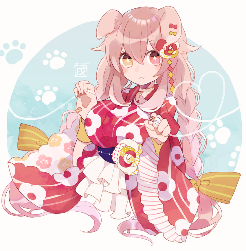 animal_ears artist_name bandaged_fingers bandages bandaid_on_hand bangs bow braid chon_(chon33v) ear_ribbon fang floral_print flower frills grey_hair hair_between_eyes hair_bow hair_flaps hair_flower hair_ornament heart heterochromia highres long_hair long_sleeves looking_at_viewer orange_eyes original paw_pose paw_print red_eyes solo striped striped_bow twin_braids upper_body wide_sleeves wristband yellow_bow