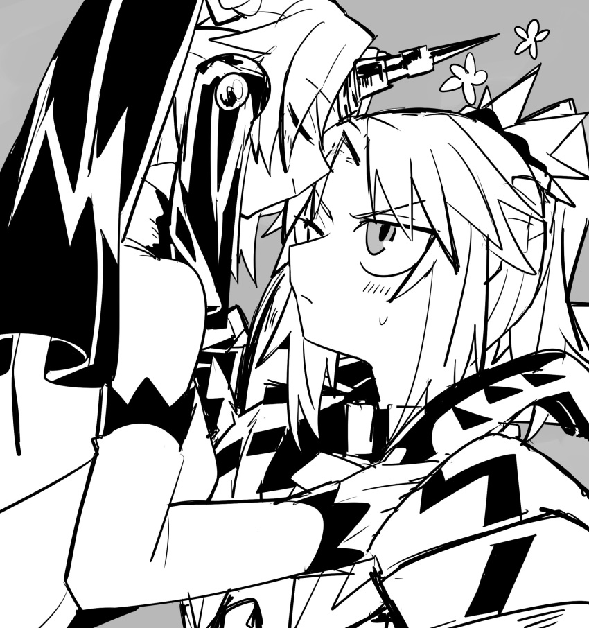 absurdres bare_shoulders blush bridal_veil detached_sleeves face-to-face fate/apocrypha fate_(series) flower frankenstein's_monster_(fate) grey_background greyscale highres looking_at_another monochrome mordred_(fate) mordred_(fate)_(all) multiple_girls one_eye_closed sketch uotsu_(sabakou) upper_body veil yuri