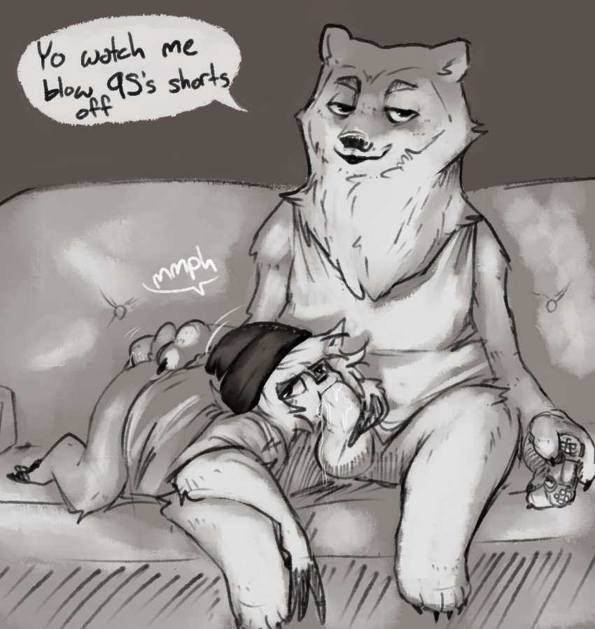 2018 anthro balls beanie bottomless claws clothed clothing controller dialogue disney duo english_text erection fan_character fellatio game_controller gaming greyscale hat holding_object looking_at_viewer lying male male/male mammal monochrome nobby_(artist) nobby_(character) on_front oral penis sex sitting sloth sofa speech_bubble text toe_claws zootopia