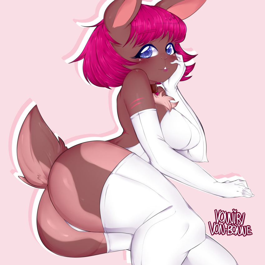 anthro big_butt blue_eyes breasts bright_hair brown_fur butt chelsea_(dkside41) chest_tuft clothed clothing cute female fur hair lagomorph leggings legwear looking_at_viewer lying mammal on_side pink_hair rabbit scar smile solo thick_thighs tuft vonnir