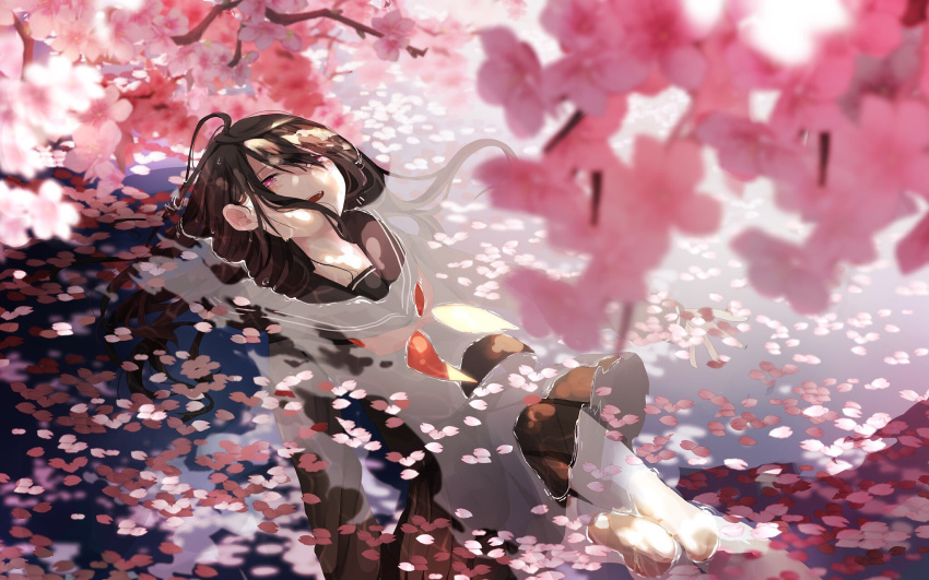 :d afloat bangs black_hair black_serafuku black_shirt black_skirt blurry blurry_foreground blush cherry_blossoms commentary_request day depth_of_field eyebrows_visible_through_hair flower hair_between_eyes highres long_hair long_sleeves neckerchief open_mouth original outdoors partially_submerged petals petals_on_liquid pink_flower pleated_skirt purple_eyes red_neckwear school_uniform serafuku shirt skirt smile solo very_long_hair wet wet_hair yuzua