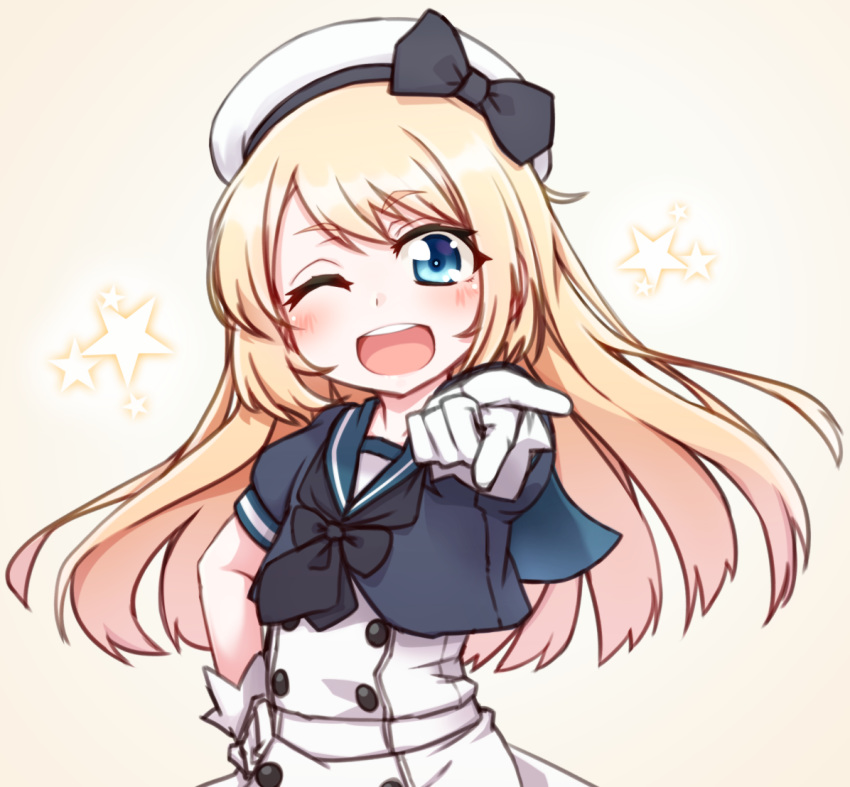 ;d blonde_hair blue_eyes blue_sailor_collar dress foreshortening gloves hat jervis_(kantai_collection) kantai_collection long_hair looking_at_viewer namaata one_eye_closed open_mouth pink_background sailor_collar sailor_dress sailor_hat short_sleeves smile solo star starry_background white_dress white_gloves white_hat