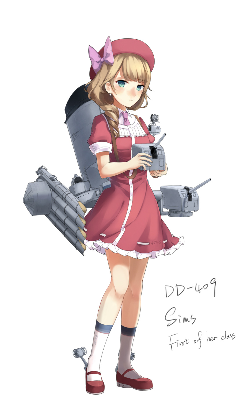 blonde_hair bow cannon character_name destroyer dress drill_hair full_body green_eyes hat hat_bow highres loafers machinery mecha_musume military military_vehicle necktie original personification red_dress red_hat ship shoes short_sleeves simple_background smokestack socks solo torpedo torpedo_tubes turret us_navy uss_sims_(dd-409) warship watercraft white_background white_legwear yorktown_cv-5