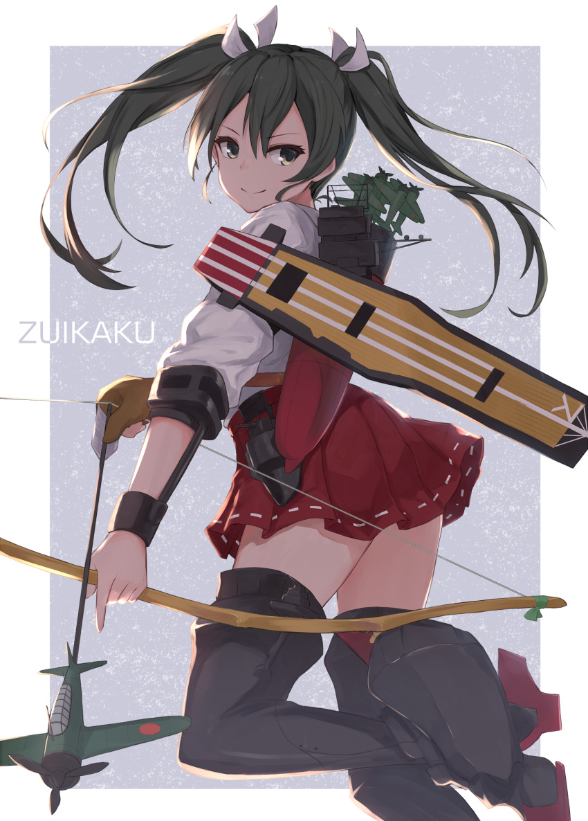 absurdres aircraft airplane arrow boots bow_(weapon) character_name drawing_bow flight_deck from_side gloves green_eyes grey_hair hair_ribbon hakama_skirt highres holding holding_arrow holding_bow_(weapon) holding_weapon japanese_clothes kantai_collection kou_v05first partly_fingerless_gloves quiver ribbon rigging single_glove smile solo standing standing_on_one_leg thigh_boots thighhighs twintails weapon white_ribbon yugake zuikaku_(kantai_collection)