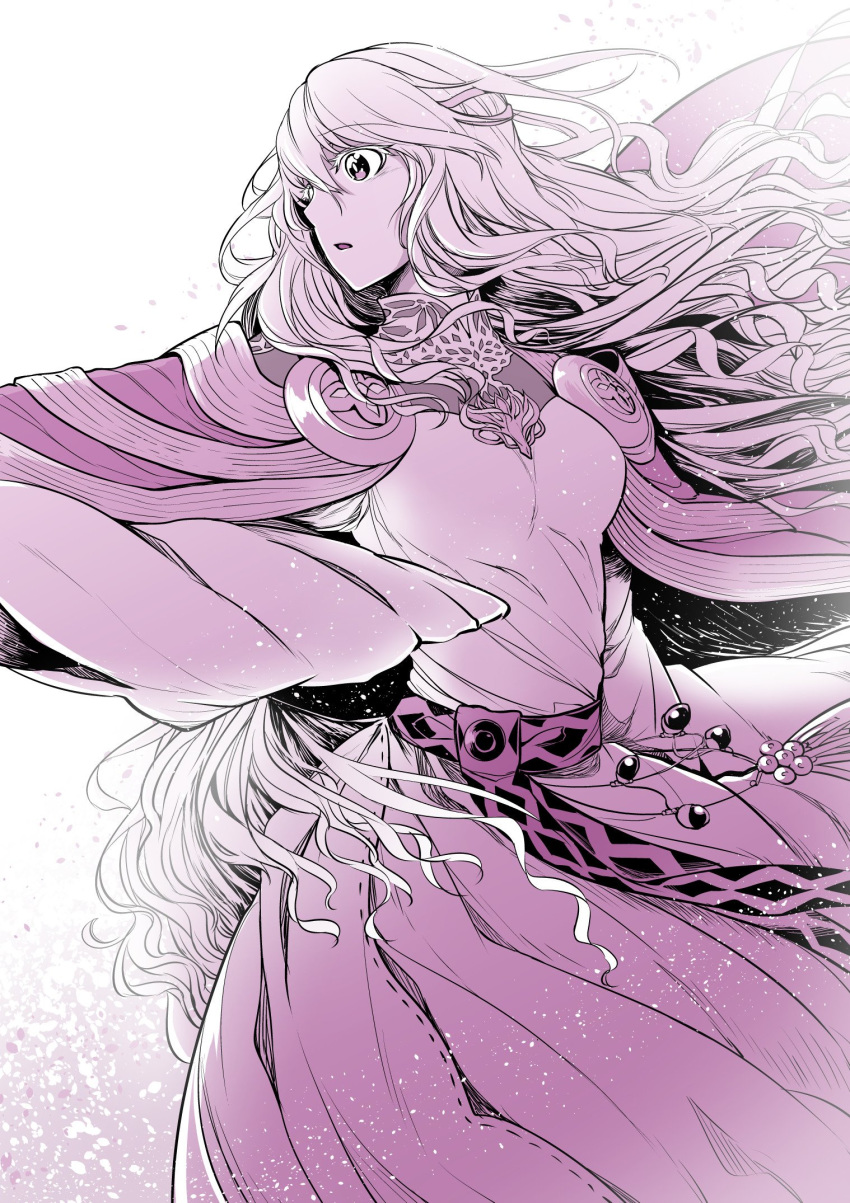 cape circlet diadora_(fire_emblem) dress fire_emblem fire_emblem:_seisen_no_keifu fire_emblem_heroes highres jewelry lavender_hair long_hair monochrome nakabayashi_zun open_mouth pink purple_eyes solo