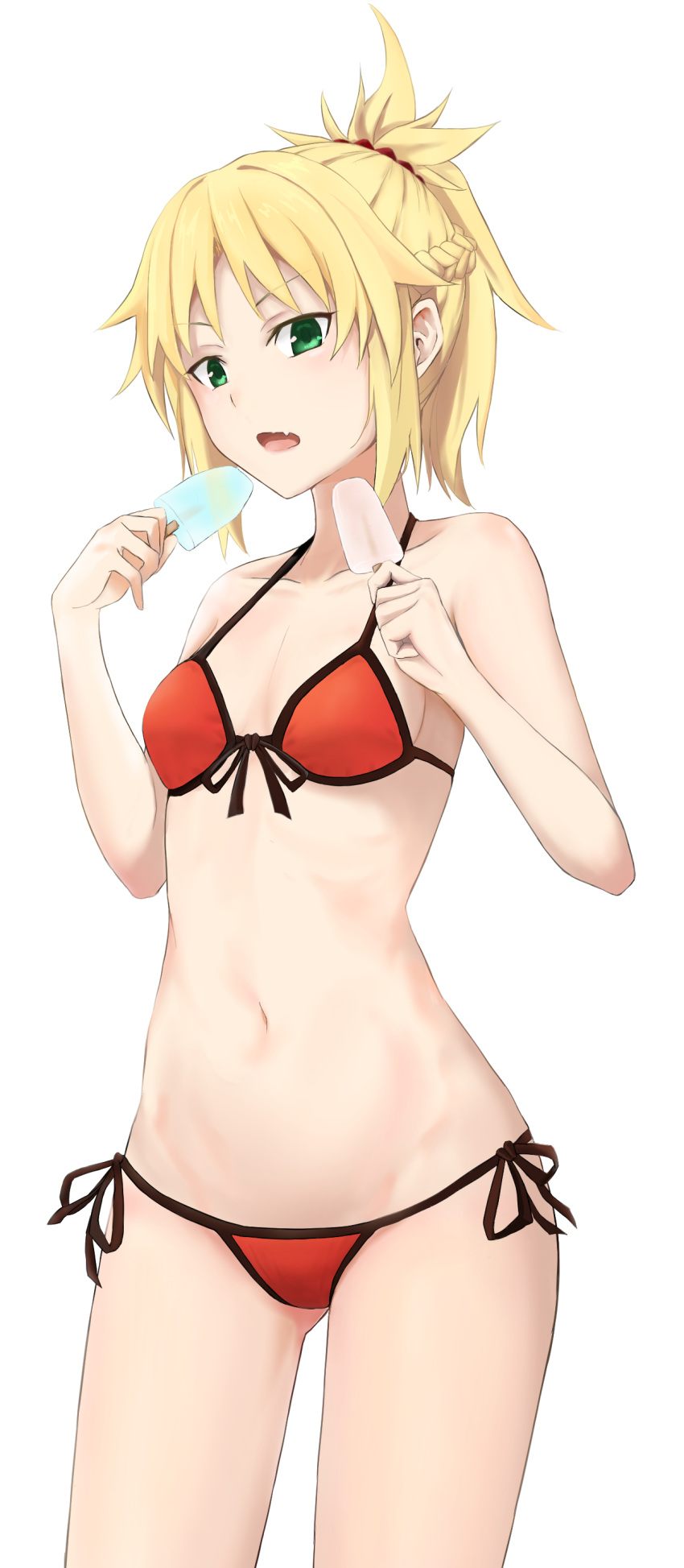 absurdres ass_visible_through_thighs bikini blonde_hair breasts cowboy_shot fang fate/apocrypha fate/grand_order fate_(series) food front-tie_top green_eyes half_updo highres hosh long_hair looking_at_viewer lowleg lowleg_bikini mordred_(fate)_(all) mordred_(swimsuit_rider)_(fate) navel open_mouth ponytail popsicle red_bikini side-tie_bikini simple_background small_breasts solo standing swimsuit white_background