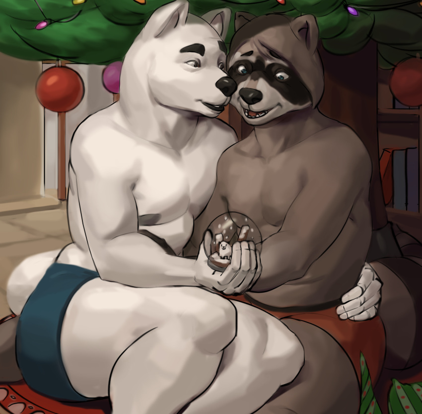 anthro canine christmas christmas_tree clothed clothing duo holidays male mammal nipples open_mouth overweight overweight_male procyonid raccoon rowf sitting smile snow_globe topless tree