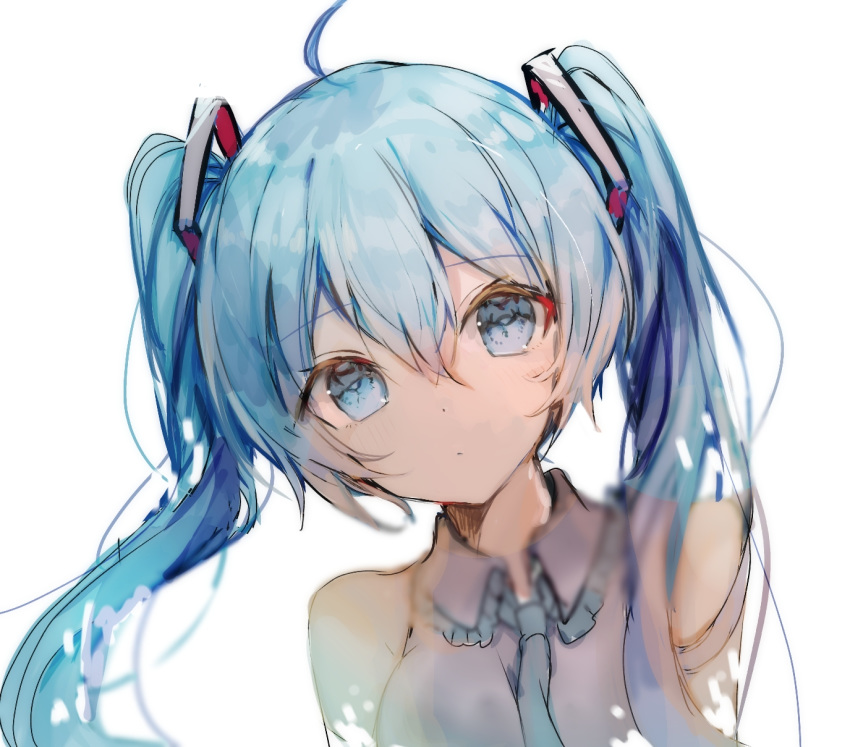 ahoge bad_id bad_pixiv_id bangs bare_shoulders blue_eyes blue_hair blue_neckwear blurry depth_of_field detached_sleeves digital_dissolve eyebrows_visible_through_hair frilled_shirt frills grey_shirt hatsune_miku highres long_hair looking_at_viewer necktie ptmko_d shiny shiny_hair shirt simple_background solo tareme twintails upper_body vocaloid white_background