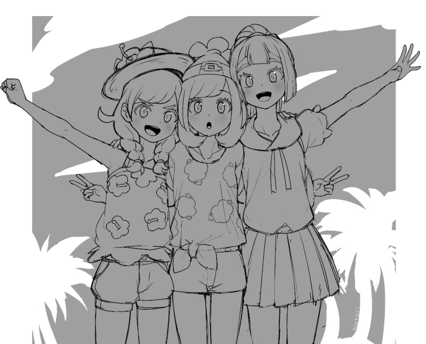 beanie braid flower greyscale hat hat_flower lillie_(pokemon) long_hair mizuki_(pokemon) monochrome multiple_girls notori_d open_mouth outstretched_arm pokemon pokemon_(game) pokemon_sm pokemon_usum shirt short_hair short_sleeves shorts skirt sun_hat tank_top tied_shirt twin_braids v