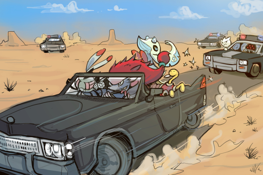 blue_sky bummerdude car car_chase closed_eyes cloud cloudy_sky commentary creature day desert dice english_commentary eye_contact froslass grin ground_vehicle highres looking_at_another motor_vehicle no_humans outdoors pokemon pokemon_(creature) police_car red_eyes registeel road sand shuckle sky smile togekiss yanmega zoroark