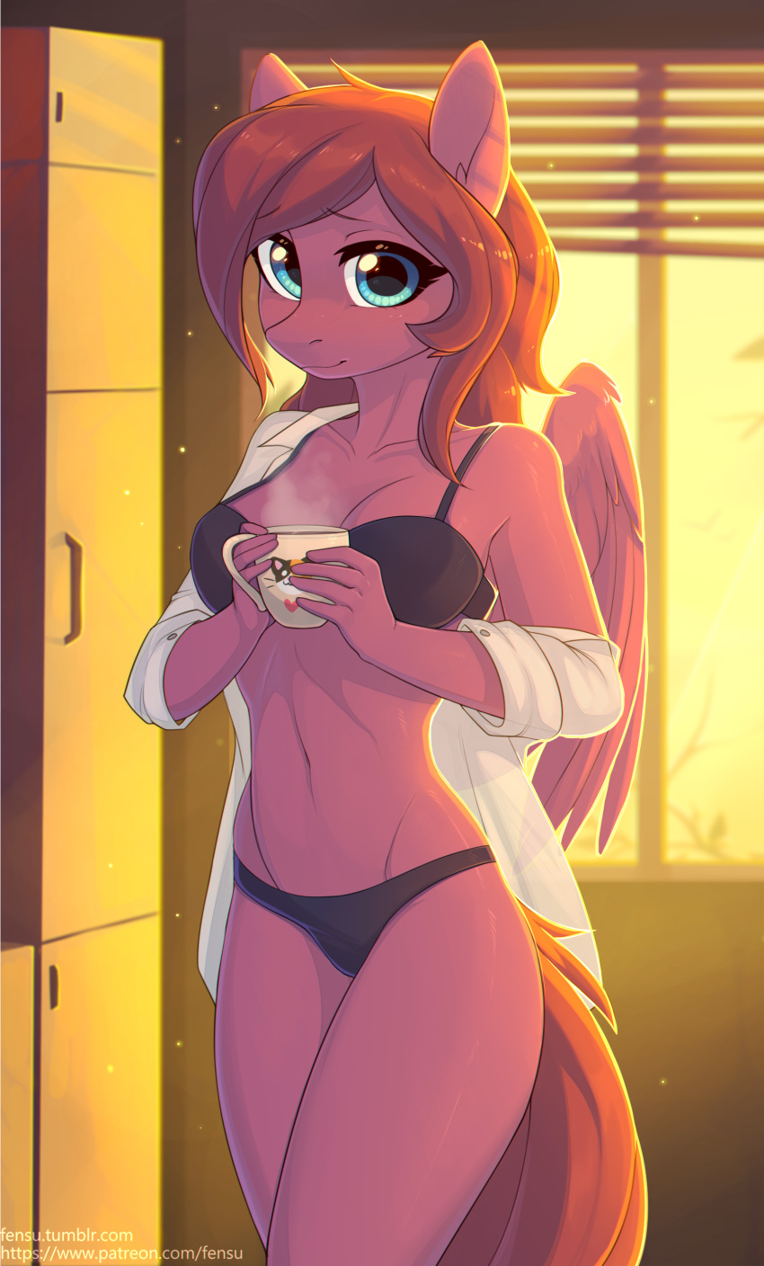 2018 absurd_res anthro bra clothing cup digital_media_(artwork) equine feathered_wings feathers female fensu-san hair hi_res holding_cup holding_object inside mammal panties pegasus solo underwear wings