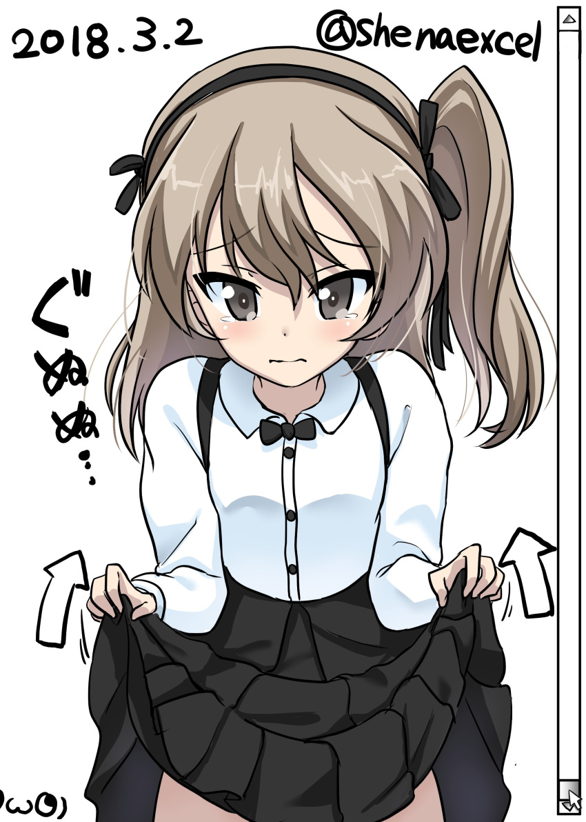 absurdres bangs black_neckwear black_ribbon black_skirt bow bowtie brown_eyes casual closed_mouth collared_shirt commentary cowboy_shot dated directional_arrow excel_(shena) eyebrows_visible_through_hair frown gameplay_mechanics girls_und_panzer hair_ribbon high-waist_skirt highres layered_skirt lifted_by_self light_brown_hair logo long_hair long_sleeves looking_at_viewer medium_skirt pointer ribbon scroll shimada_arisu shirt side_ponytail signature skirt skirt_lift solo standing suspender_skirt suspenders tearing_up translated twitter_username white_shirt