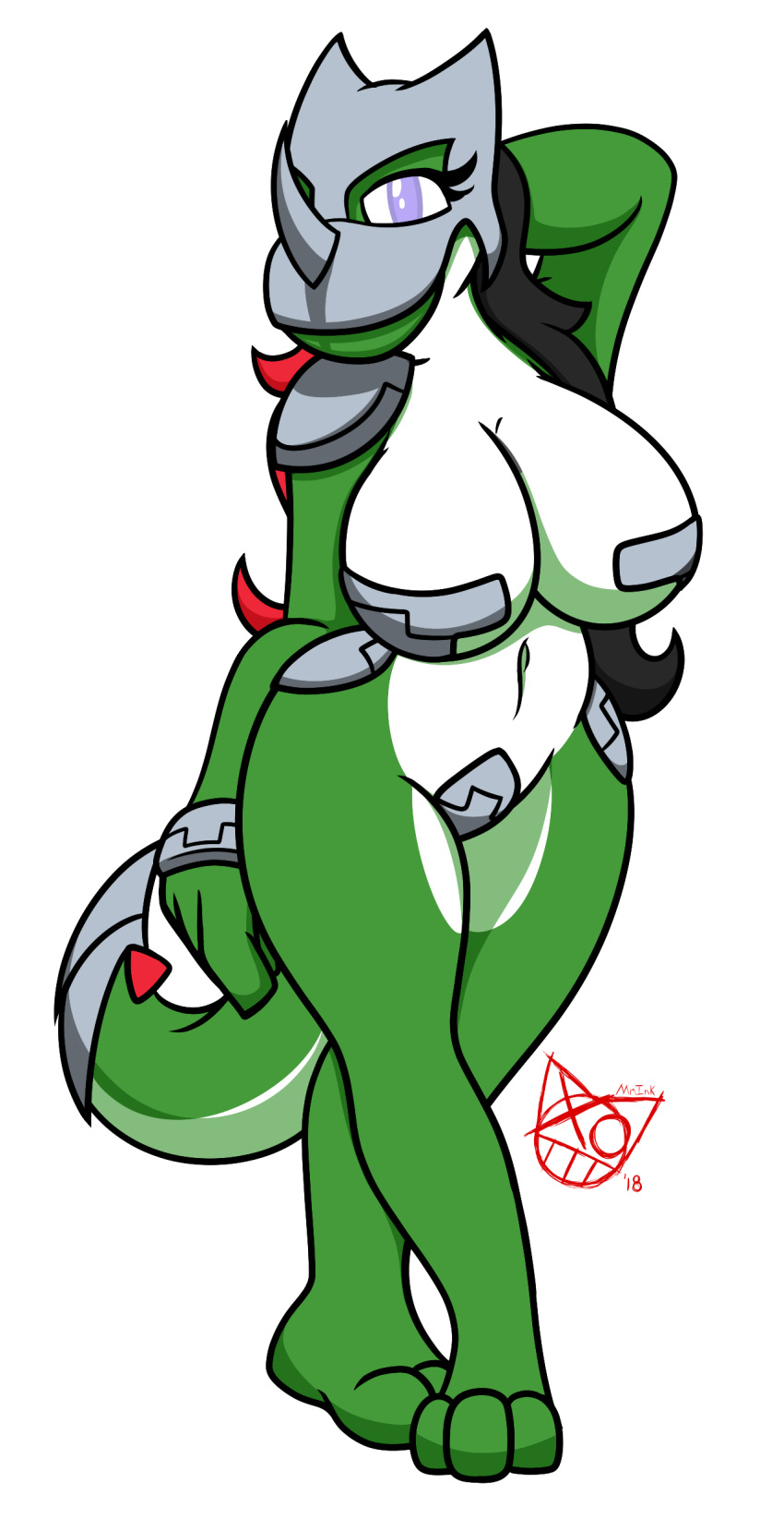 2018 angela-45 anthro big_breasts biped black_hair breasts clothed clothing cosplay desire_yoshi digital_drawing_(artwork) digital_media_(artwork) dinosaur female green_yoshi hair hi_res horn looking_at_viewer mario_bros mr.ink_(artist) multicolored_body multicolored_hair nintendo red_hair reptile scalie solo thick_thighs two_tone_hair video_games yoshi