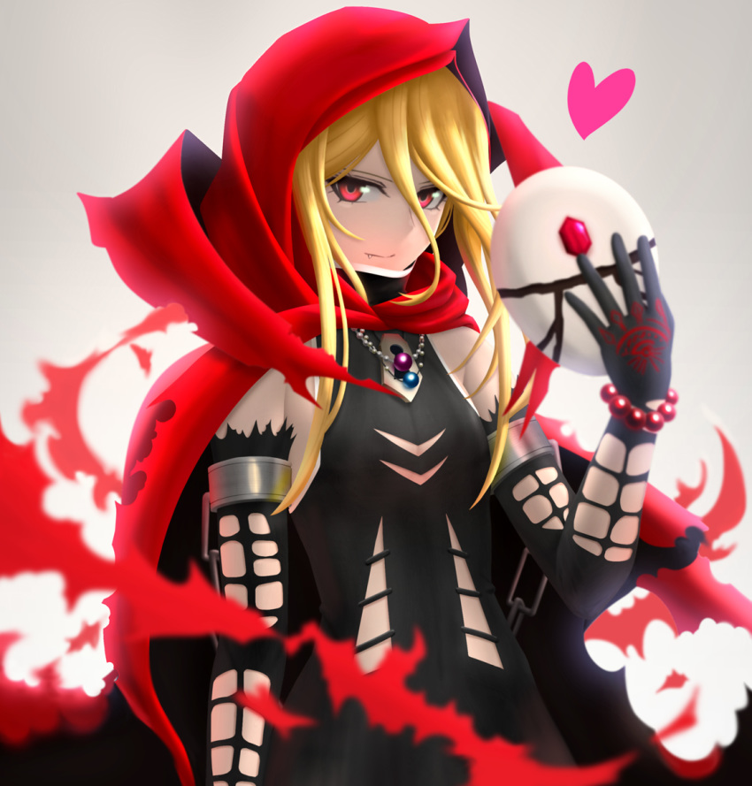 bangs black_dress blonde_hair chain chained cloak closed_mouth commentary_request cuffs dress elbow_gloves evileye fang fang_out flat_chest gloves hair_between_eyes heart highres holding holding_mask hood hood_up hooded_cloak jewelry looking_at_viewer mask mask_removed necklace overlord_(maruyama) red_cloak red_eyes shackles siraha solo standing vampire