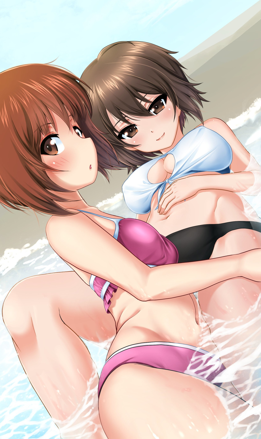 absurdres bangs beach bikini black_bikini_bottom blush breasts brown_eyes brown_hair cleavage cleavage_cutout closed_mouth commentary_request day dutch_angle excel_(shena) eyebrows_visible_through_hair girls_und_panzer hand_on_own_stomach highres looking_at_viewer looking_back lying medium_breasts mismatched_bikini multiple_girls navel nishizumi_maho nishizumi_miho on_back on_side outdoors parted_lips pink_bikini short_hair siblings sisters sky smile straddling swimsuit wading wet white_bikini_top