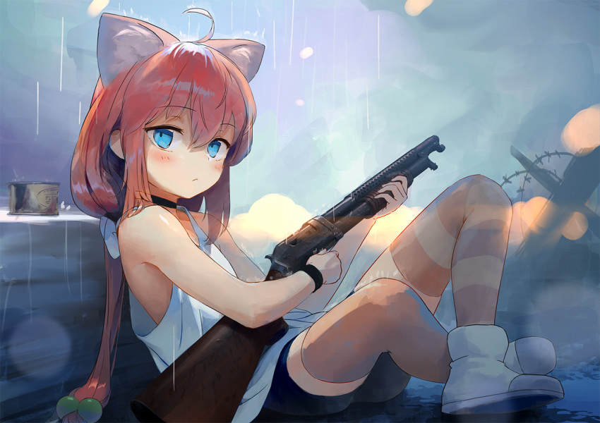 :&lt; ahoge animal_ear_fluff animal_ears barbed_wire bare_shoulders battlefield_(series) battlefield_1 bike_shorts blue_eyes blush cat_ears closed_mouth czech_hedgehog eyebrows_visible_through_hair gun hair_bobbles hair_ornament hinata_channel holding holding_gun holding_weapon long_hair looking_at_viewer looking_to_the_side loose_clothes nekomiya_hinata on_ground pink_hair rain rifle shoes shotgun sitting solo striped striped_legwear thighhighs treeware very_long_hair weapon white_legwear winchester_model_1897 wristband