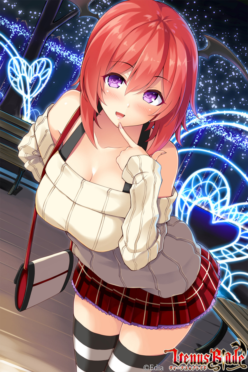 bare_shoulders blush collarbone cowboy_shot eyebrows_visible_through_hair finger_to_mouth head_wings heart highres hisenkaede leaning_forward looking_at_viewer off-shoulder_sweater official_art open_mouth pleated_skirt purple_eyes red_hair short_hair skirt solo striped striped_legwear sweater thighhighs venus_blade