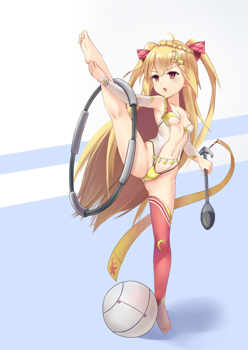 absurdres ahoge azur_lane ball bangs barefoot blonde_hair blue_background blush braid breasts brown_eyes collarbone commentary_request crescent crescent_(azur_lane) crescent_hair_ornament detached_sleeves eyebrows_visible_through_hair full_body groin hair_between_eyes hair_ornament highres holding leg_up long_hair long_sleeves looking_away medium_breasts navel parted_lips plantar_flexion solo standing standing_on_one_leg star star_hair_ornament the_hermit two-tone_background two_side_up v-shaped_eyebrows very_long_hair white_background white_legwear