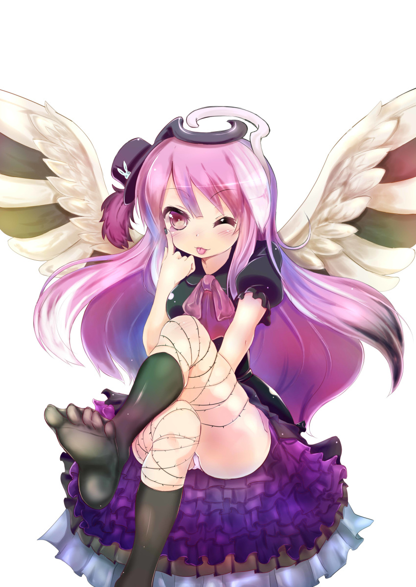 absurdres black_legwear blush commentary_request dress duel_monster ghostrick_angel_of_mischief hat highres long_hair multicolored multicolored_hair multicolored_wings one_eye_closed pink_hair short_sleeves smile solo tongue tongue_out top_hat white_hair wings yaibaken yuu-gi-ou