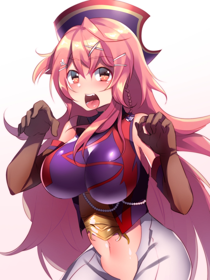 1girl aburai_yui bangs bare_shoulders blush braid breasts brown_gloves claw_pose eyebrows_visible_through_hair fang gloves gradient gradient_background hair_ornament hairclip hat highres large_breasts long_hair looking_at_viewer megido72 naberius_(megido72) navel open_mouth pants pink_eyes pink_hair side_braid solo very_long_hair white_pants x_hair_ornament