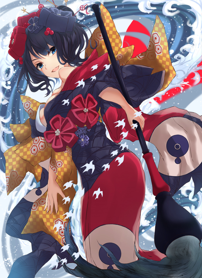 absurdres bare_shoulders black_hair black_kimono blue_eyes breasts calligraphy_brush dress fate/grand_order fate_(series) fine_art_parody flower giant_brush hair_flower hair_ornament hairpin highres holding holding_paintbrush japanese_clothes kanagawa_okinami_ura katsushika_hokusai_(fate/grand_order) kimono looking_at_viewer medium_breasts nihonga off-shoulder_dress off_shoulder open_mouth paintbrush parody short_hair sketch solo ukiyo-e waves yuki_maccha_(yukimattya10)