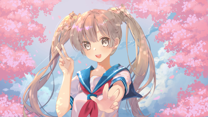 :d bangs blue_sailor_collar blue_sky blush brown_eyes cherry_blossoms cloud commentary_request day eyebrows_visible_through_hair fingernails flower hair_between_eyes light_brown_hair long_hair looking_at_viewer mintchoco_(orange_shabette) neckerchief open_mouth original outdoors outstretched_arm pink_flower red_neckwear sailor_collar school_uniform serafuku shirt short_sleeves sky smile solo twintails upper_teeth v very_long_hair white_shirt