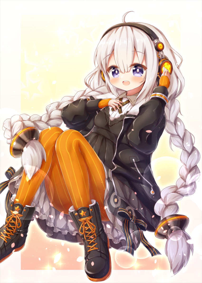:d absurdres ahoge bangs black_dress black_footwear black_jacket blush boots braid breasts cross-laced_footwear dress eyebrows_visible_through_hair hair_between_eyes hair_ornament headphones highres jacket kizuna_akari lace-up_boots long_hair long_sleeves looking_at_viewer low_twintails open_mouth orange_legwear pantyhose puffy_long_sleeves puffy_sleeves purple_eyes silver_hair sleeves_past_wrists small_breasts smile solo star striped striped_legwear twin_braids twintails upper_teeth vertical-striped_legwear vertical_stripes very_long_hair vocaloid voiceroid waste_(arkaura)