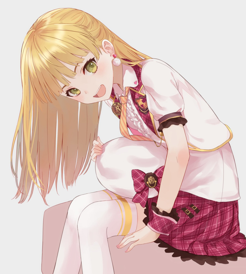 :d blonde_hair bow earrings green_eyes grey_background hat hat_bow heart heart_earrings heart_print highres idolmaster idolmaster_cinderella_girls idolmaster_cinderella_girls_starlight_stage jewelry jougasaki_rika koyosy leaning_forward long_hair looking_at_viewer miniskirt nail_polish necktie open_mouth pink_nails pleated_skirt red_bow red_skirt shirt simple_background sitting skirt smile solo striped striped_neckwear thighhighs white_hat white_legwear white_shirt yellow_neckwear zettai_ryouiki