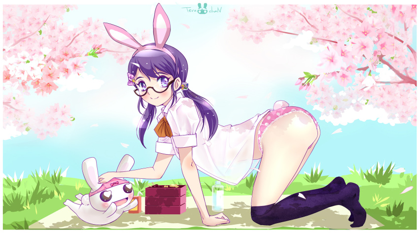 1girl animal_ears artist_logo artist_name ass bangs black-framed_eyewear black_legwear blanket blue_sky blush bow bow_panties bowtie bunny bunny_ears bunny_tail cherry_blossoms closed_mouth commentary_request dappled_sunlight day dress_shirt fake_animal_ears fake_tail from_side glasses grass hair_bow hair_ornament heart heart_eyes highres juice_box lace lace-trimmed_panties legs light_particles long_hair looking_at_viewer no_panties obentou object_on_head on_ground original outdoors panties panties_on_head partial_commentary petals pink_panties polka_dot polka_dot_panties purple_bow purple_eyes purple_hair red_neckwear semi-rimless_eyewear shirt short_sleeves sky smile solo sunlight swept_bangs tail teruchan thighhighs tree twintails under-rim_eyewear underwear white_shirt wing_collar