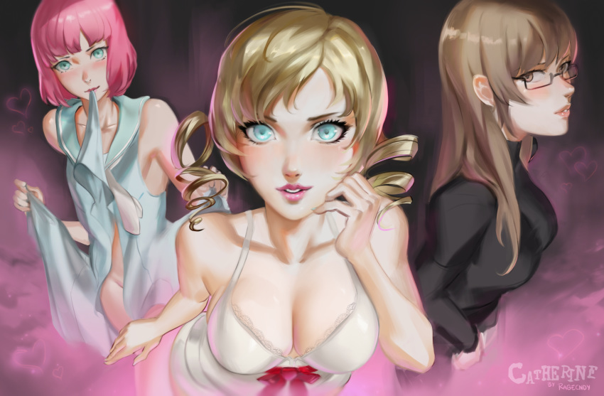 absurdres artist_name atlus blonde_hair blue_eyes blush brown_eyes brown_hair catherine catherine:_full_body catherine_(game) copyright_name drill_hair glasses green_eyes heart highres katherine_mcbride long_hair looking_at_viewer multiple_girls pink_hair ragecndy rin_(catherine) short_hair