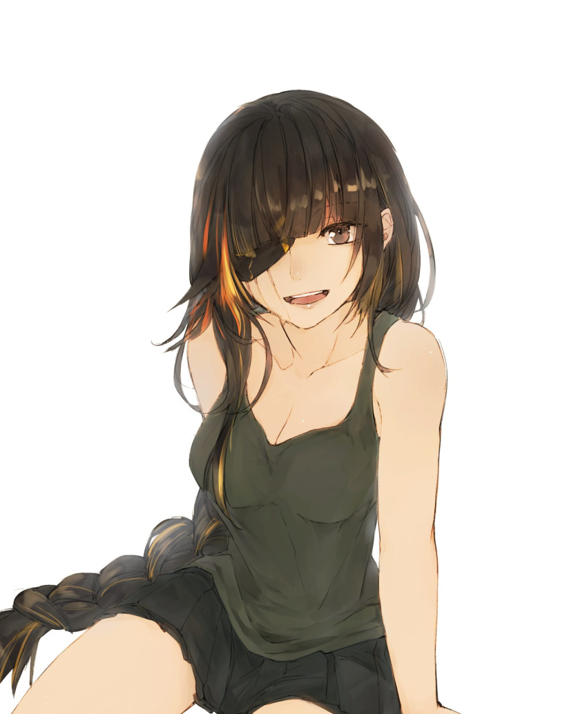 alternate_costume arm_behind_back arm_support aura bangs bare_arms blonde_hair braid breasts brown_hair casual cleavage collarbone commentary_request eyebrows_visible_through_hair eyepatch girls_frontline green_tank_top highres ki_lllorz long_hair looking_at_viewer m16a1_(girls_frontline) medium_breasts multicolored_hair open_mouth pleated_skirt scar scar_across_eye sidelocks simple_background sitting skirt smile solo streaked_hair tank_top thighs very_long_hair white_background
