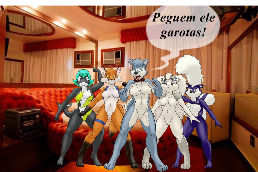 amber_eyes andorozon angry anthro blue_eyes breasts brown_eyes canine cetacean dog edit featureless_breasts featureless_crotch female flying_squirrel fox fur group husky ken_singshow lineup looking_at_viewer mammal marine merry_(ken_singshow) orca patagium portuguese_text purple_fur rodent rokki sachi_(ken_singshow) skunk squirrel sue-chan text tsuneko whale