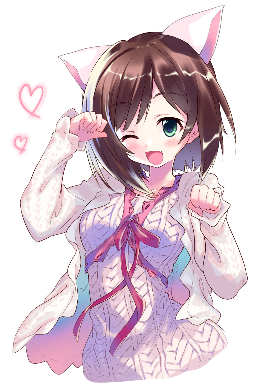 ;d absurdres animal_ears bangs brown_hair cat_ears commentary cropped_torso dress eyebrows_visible_through_hair fang green_eyes heart highres idolmaster idolmaster_cinderella_girls jacket long_sleeves looking_at_viewer maekawa_miku one_eye_closed open_clothes open_jacket open_mouth paw_pose red_ribbon ribbed_dress ribbon short_hair smile solo standing take_shinobu upper_body white_background white_dress white_jacket